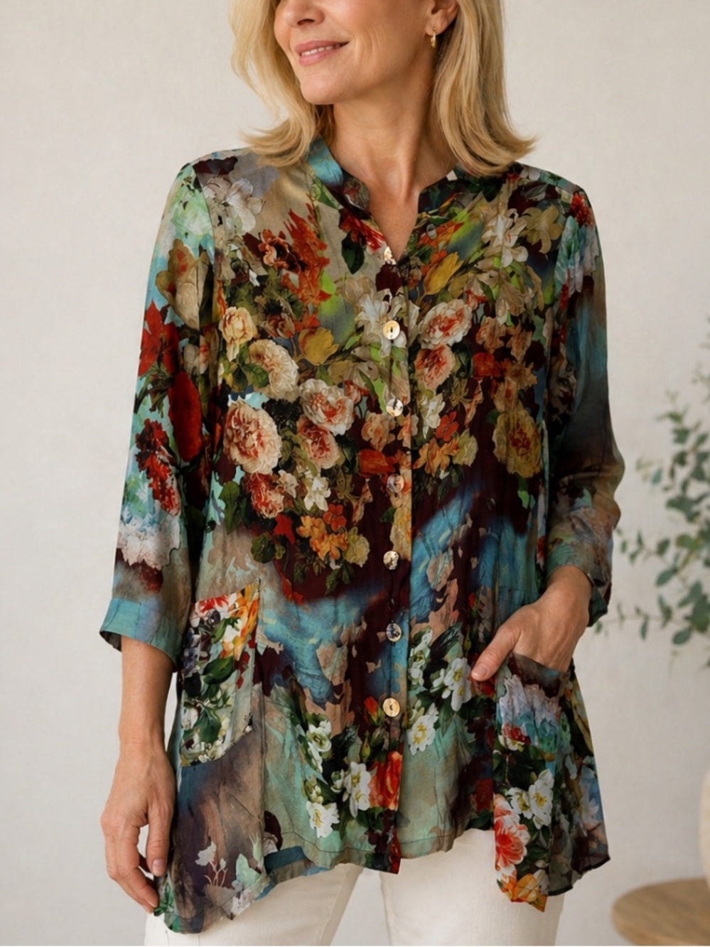 Soft Surroundings Art To Wear Floral Sheer Button-Up Tunic Multicolor